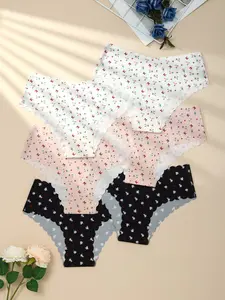 Women's Seamless Knicker Low Waist Wave Hem Floral Print Soft Fabric Panties Set, 6 Pcs Casual Fitted Triangle Underwear for All Seasons
