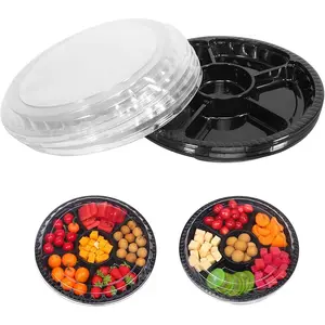 10 Pcs Round Plastic Appetizer Tray with Lid Divided Serving Tray, Disposable Food Storage Containers, Kids Snack, Fruit Platter Vegetable Trays For Party And Buffet