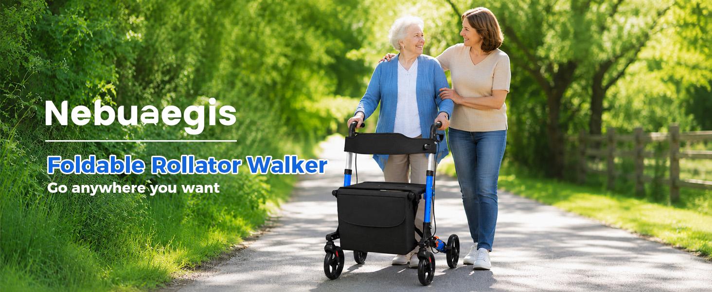 Foldable Rollator Walkers with Seat for Seniors, Big Wheels, 330 lb. Weight Capacity, Adjustable Handles and Seat Height, Lightweight Rolling Walker
