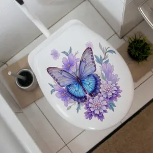 A new purple oil painting style butterfly and flower toilet sticker, bathroom and restroom decorative background wall sticker (30*30cm) (M16516-KX) Bathroom Decorations