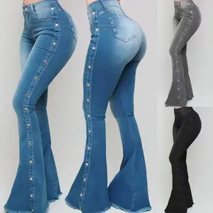 Women's Flared Bell Bottom Jeans Premium Denim Fabric Elastic Waistband Distressed Frayed Hem Bodycon Style