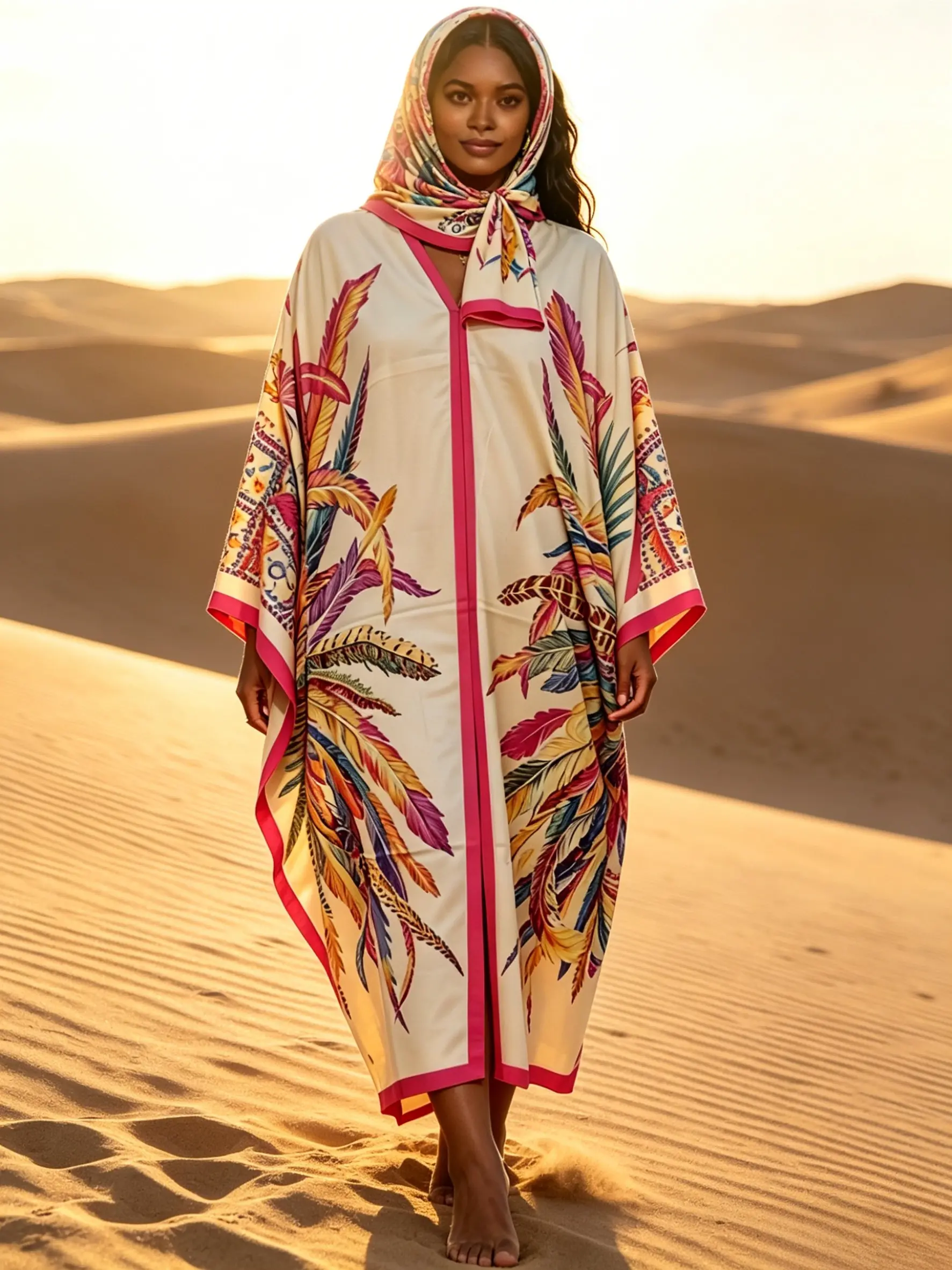 1 dress+1 headscarf plus large luxury feather print Kaftan dress with matching headscarf two-piece set women's loose Muslim robe vacation beach cover long nightgown Modest Outfit Islamic Clothing Modesty Muslim Clothing