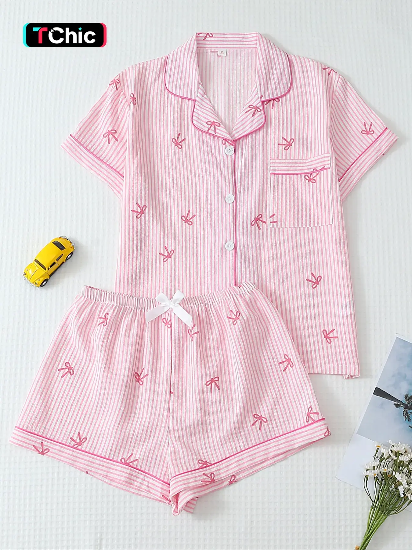 Women's Bow Print Stripe Shirt & Shorts Pyjama, Casual Comfy Short Sleeve Woven Pj Set, Ladies Sleepwear for Summer, Loungewear, Pajama Set