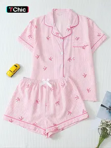 Women's Bow Print Shirt & Shorts Pyjama, Casual Comfy Short Sleeve Woven Pj Set, Ladies Sleepwear for Summer, Loungewear, Pajama Set