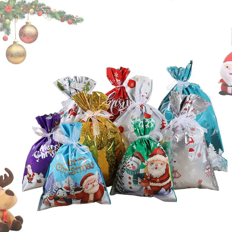 18 Pieces Christmas Drawstring Gift Bags - Assorted Small to Jumbo Sizes, Colorful Designs, Ideal for Holiday Wrapping, Party Decorations and Favors