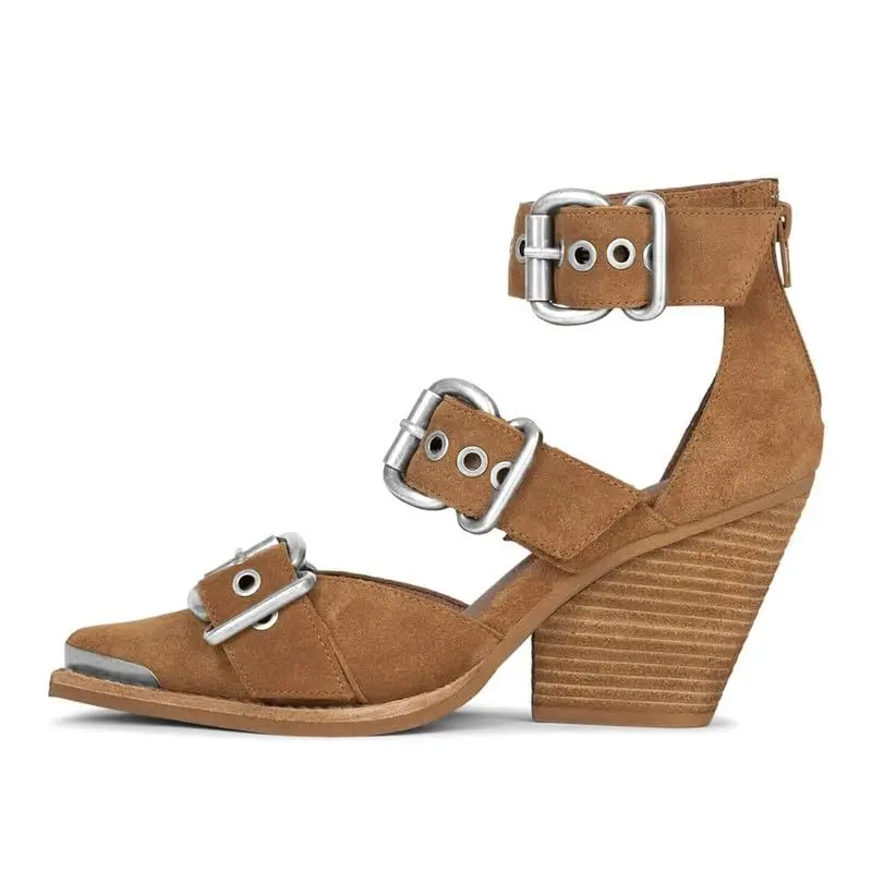 Women's Soft PU Leather Western Strappy Block Heel Sandals - 3.25 in Chunky Heel, Thick Closed Pointed Toe, Metal Buckle Straps, Beige, Western Vibe Pumps, Pu Leather Sandals, Heels