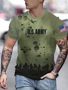 US Army themed casual T-shirt with American flag patch - Crew neck, regular fit, men's fashion casual full-width 3D color print T-shirt, military T-shirt, men's tactical T-shirt, men's combat print T-shirt, men's soldier T-shirt, men's special forces T-sh