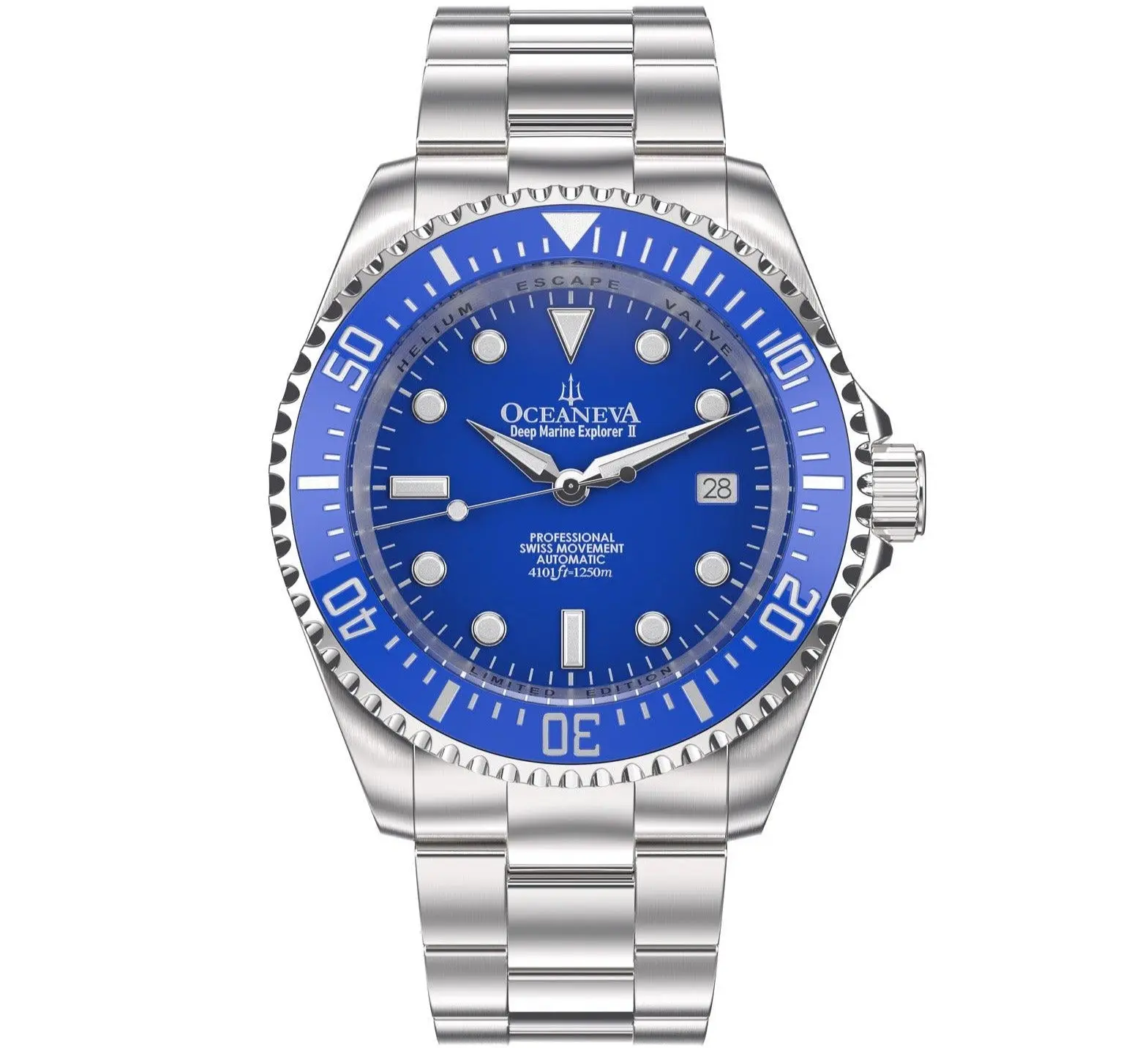 Oceaneva Men's Deep Marine Explorer II 1250M Pro Diver Watch Blue Swiss Made Sellita SW200-1 Movement 1250m Water Resistance Exclusive Limited Edition