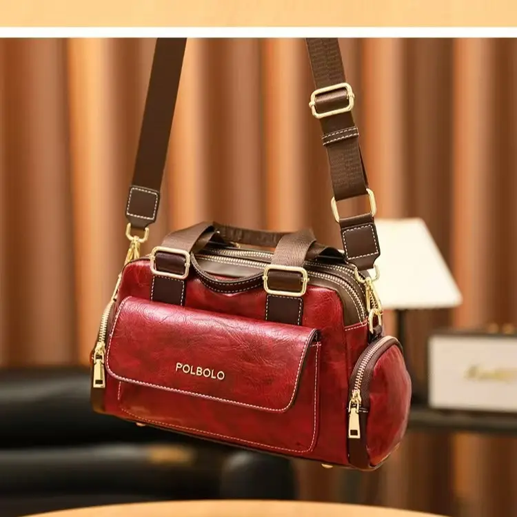 A112-Vintage Textured Leather Boston Bag Casual Handbag Shoulder