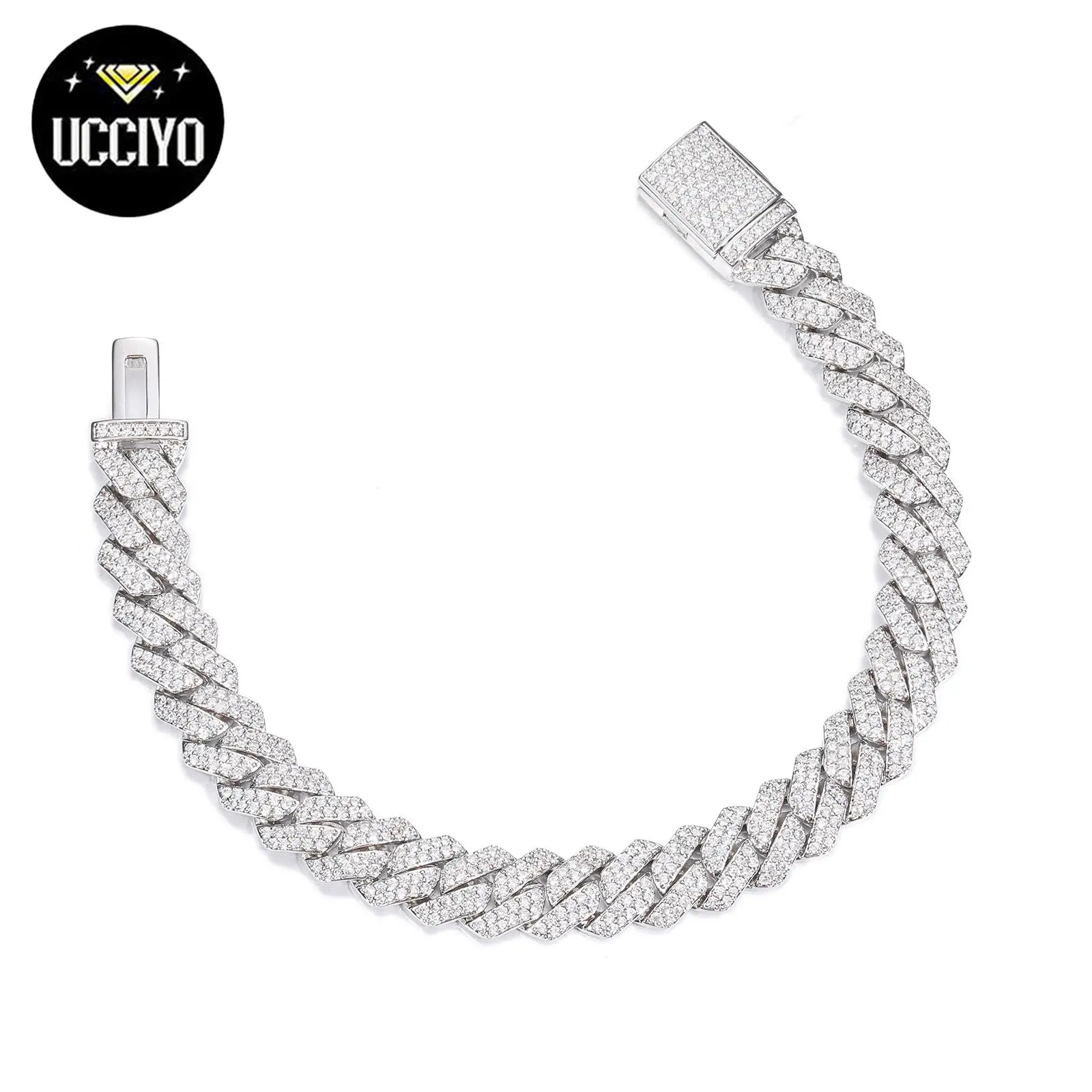 14MM Shiny Synthetic Moissanite Cuban Chain Bracelet 925 Sterling Silver Bracelet Mens Hip Hop Rap Fine Jewelry Gift【#B94】