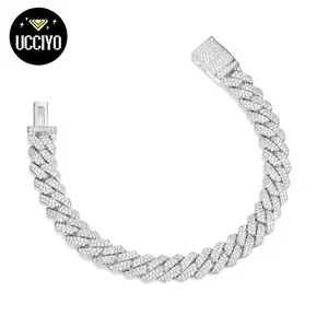 【#B94】 14MM Shiny Synthetic Moissanite Cuban Chain Bracelet 925 Sterling Silver Bracelet Mens Hip Hop Rap Fine Jewelry Gift