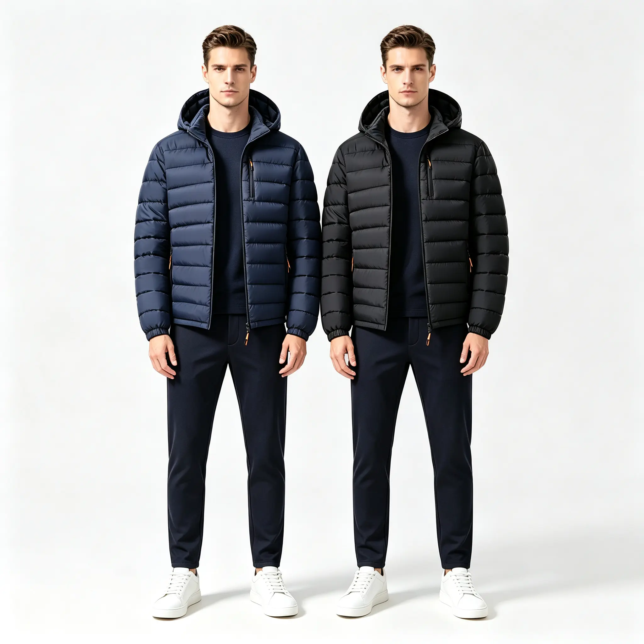 Men’s 2-Piece Lightweight Hooded Down Jacket Set - Full-Zip, Windproof, Breathable Casual Outerwear for Commuting, Weekend Outdoor Walks (Black, Navy Blue)