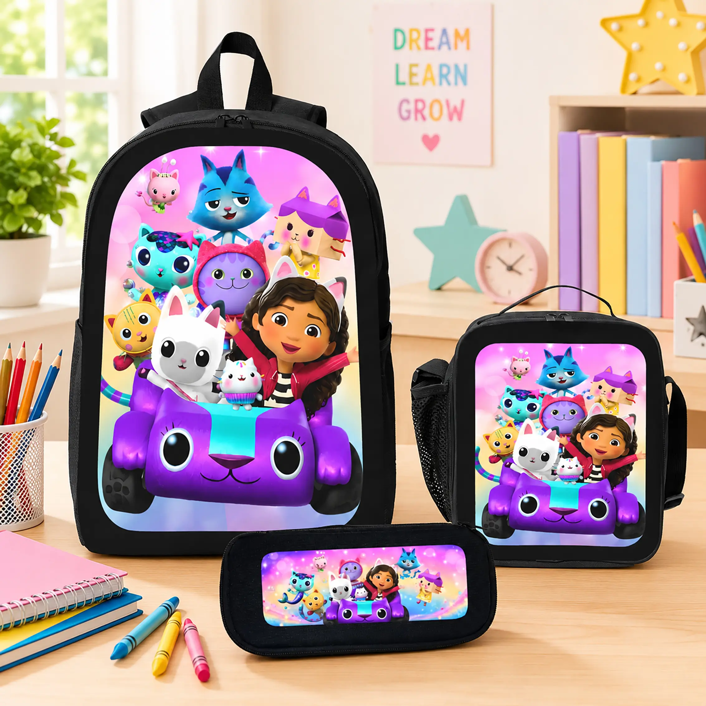 Girls' 3-Piece Gabby's Dollhouse Cartoon Character Backpack Set, Synthetic Polyester, Back to School Haul Ready-to-Go Bundle with Lunch Bag & Pencil Case, Female Kids Students' Cute Kawaii Gift