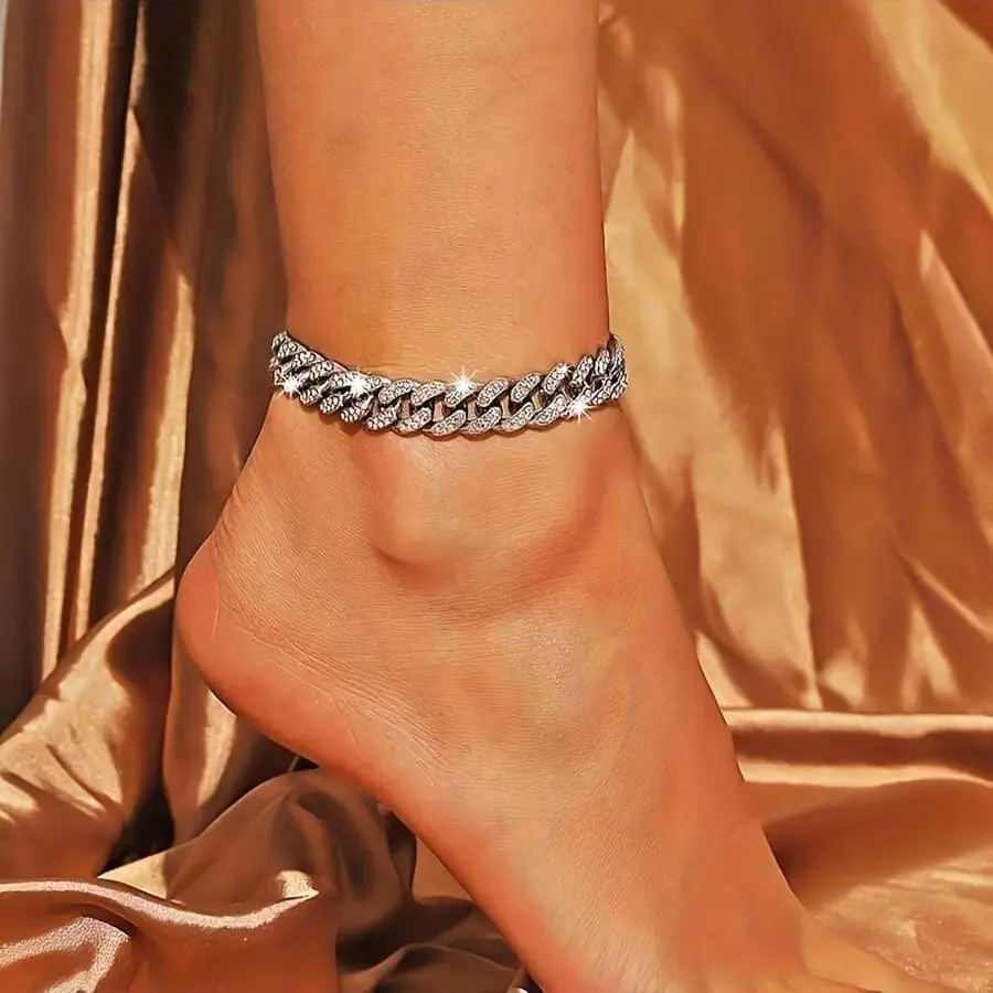 Luxury Unisex Hip-hop Punk Cuban Anklet Fashion Full Rhinestones Chain Ankle Bracelet Adjustable Exquisite Shiny Inlaid Anklet Personalized Golden/Silvery Cuban Foot Chain Vacation Travel Beach Bracelet Jewelry