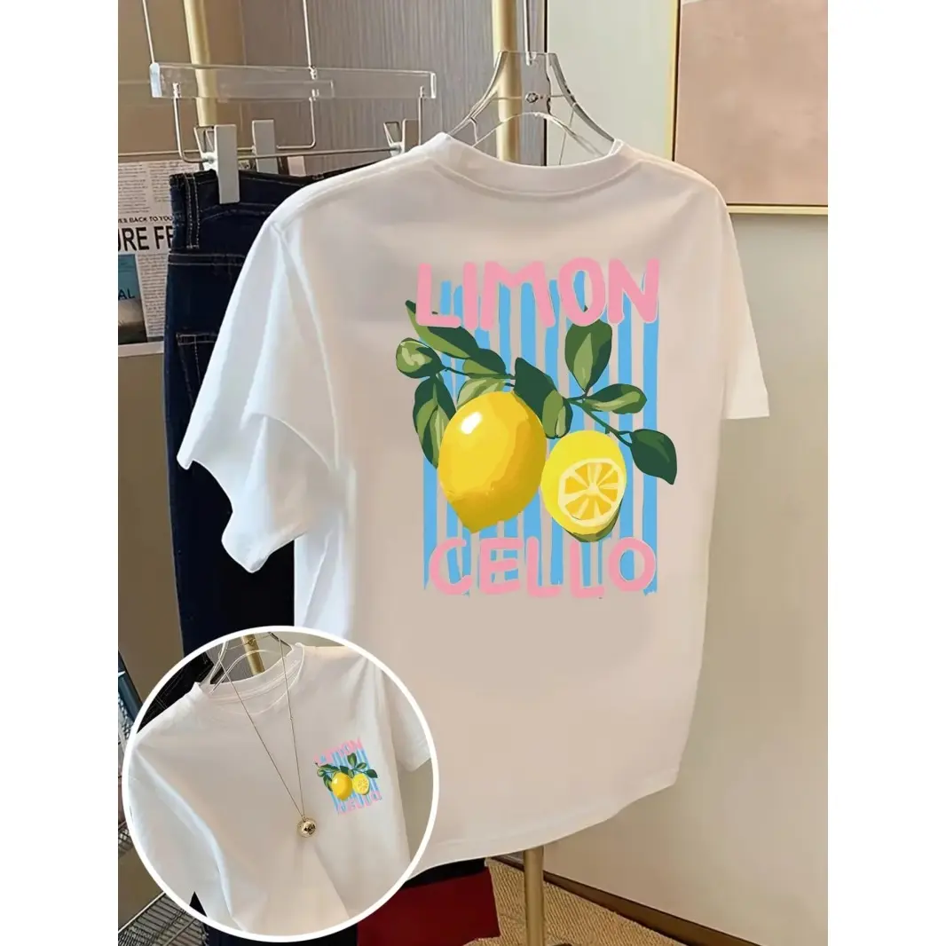 Womens Cotton Short Sleeve Graphic Tee White Lemon Print Cute Summer Top Soft Breathable Casual Streetwear Outfit For Vacation Beach Weekend Everyday Wear