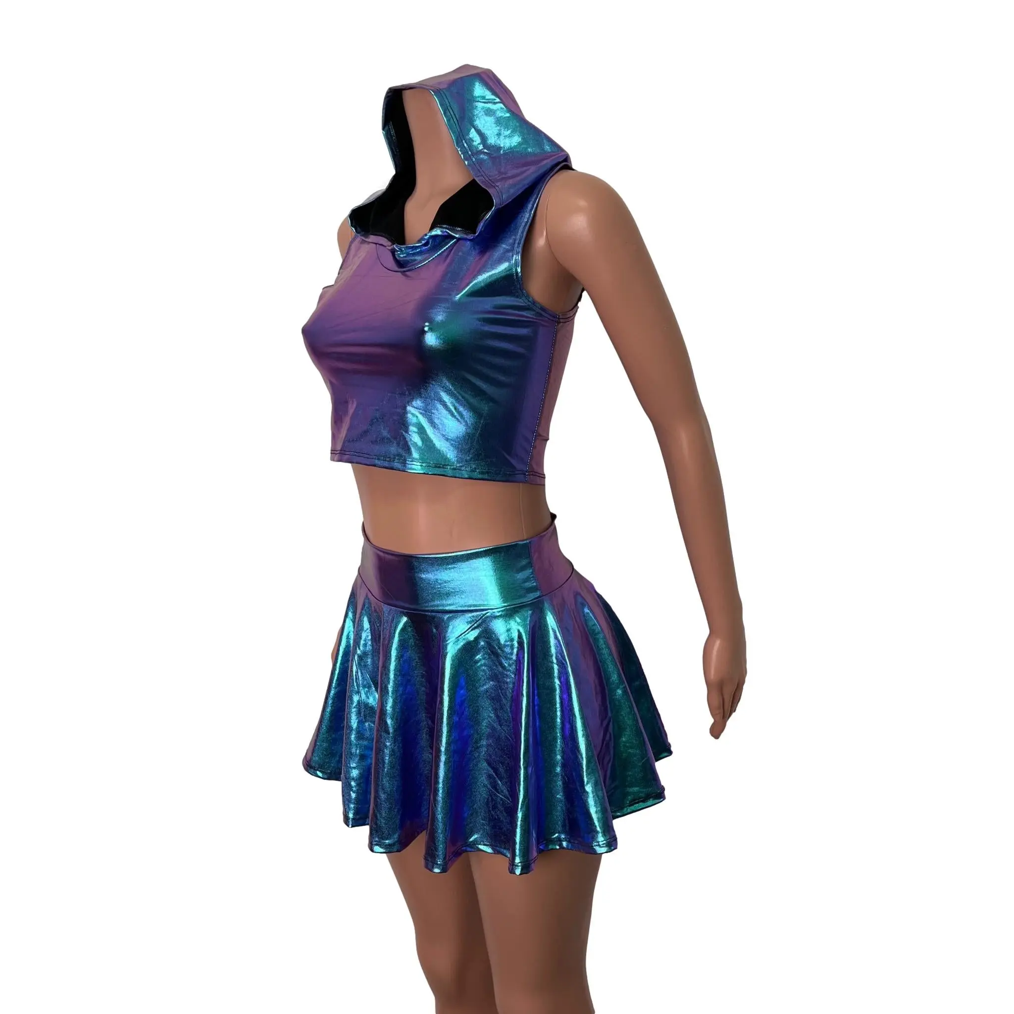 Rave Outfit - Oil Slick Holographic High Waisted Skater Skirt & Sleeveless Cropped Hoodie