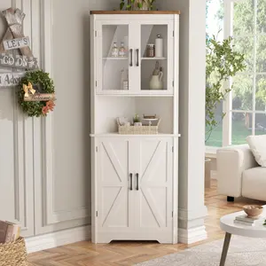 [SummerVibes] Vabches 67''H Freestanding Cupboard, Farmhouse Narrow Corner Storage Cabinet with 4 Tempered Glass Doors, Barn Doors & 5 Adjustable Shelves, Furniture for Kitchen, Sideboard Storage Cabinet for Bathroom, Living Room