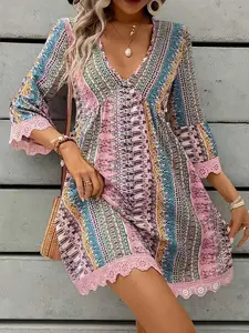 Fashion New V Neck Lace Trim Seven-Quarter Sleeve Summer Print Beach Dress, Elegant Feminine Women's Clothing, Perfect for Casual and Special Occasions