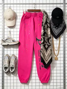 Y2k Retro Joggers pants for Men, Hip Hop Inspired Graphic Sweatpants, Loose Fit Breathable Casual Trousers, Colorful Splatter & Rhinestone Print Detail, Elastic Waist Closure, Street Style, Daily Loungewear & Outdoor Active Pants