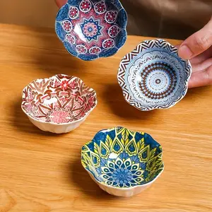 Boho Style Ceramic Serving Dipping Bowl, 4 Counts/set Colorful Flower Pattern Seasoning Bowl, Household Multicolor Ceramic Tableware for Home Kitchen, Ceramic Pasta Bowls, Ceramic Salad Bowls, Kitchenware