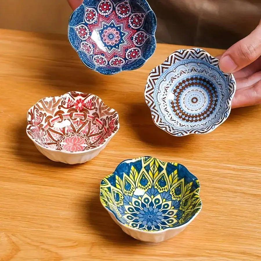 Boho Style Ceramic Serving Dipping Bowl, 4 Counts/set Colorful Flower Pattern Seasoning Bowl, Chip Dip Bowl, Multicolor Ceramic Tableware for Kitchen, Ceramic Salad Bowls, Kitchenware, Ceramic Food Bowl, Seasonal Serving Bowl