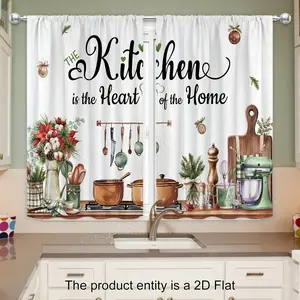 2D Flat - Polyester - Kitchen Curtains Valance Set Rustic Winter Xmars New Year Pine Watercolor Flower Rod Pocket Green Leaves Bedroom Living Room Fabric, 2D Flat