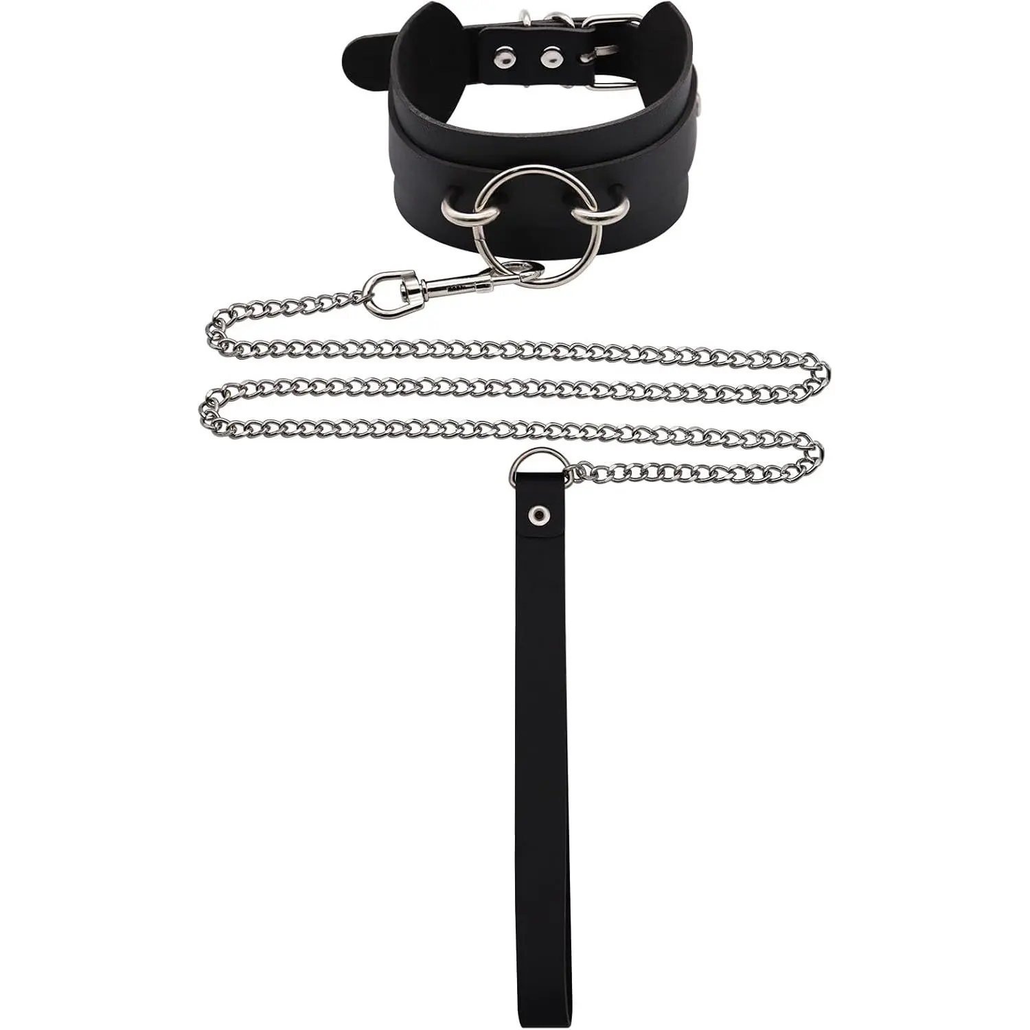 Women's Adjustable Leather Choker Necklace - Leather Collar Leash Set, Black Fashion Costume Jewelry Accessory, Adjustable Choker