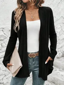 Women's Casual Loose-Fit Knitted Long Sleeve Cardigan Knitwear, Plain Pattern, Moderate Fabric Thickness, Spring & Fall Fashion, Versatile Outerwear