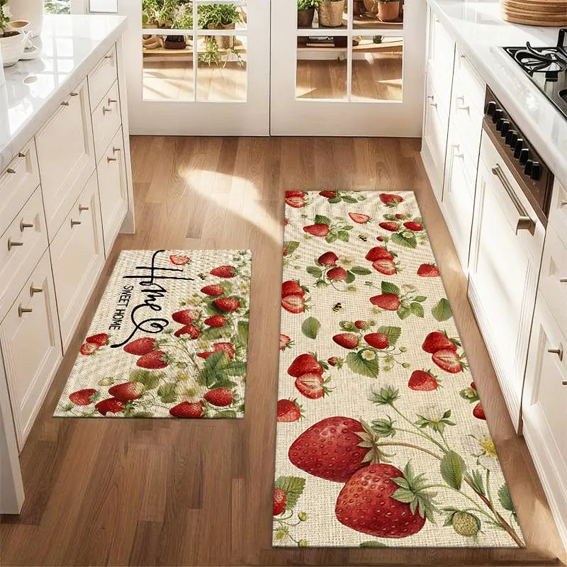 2Pcs Strawberry Summer Floor Mat Set Farmhouse Kitchen Carpet Restaurant Floor Laundry Room Decoration Carpet Mat Boho Printed Rug Farmhouse Kitchen Rugs Kitchen Rug Sets