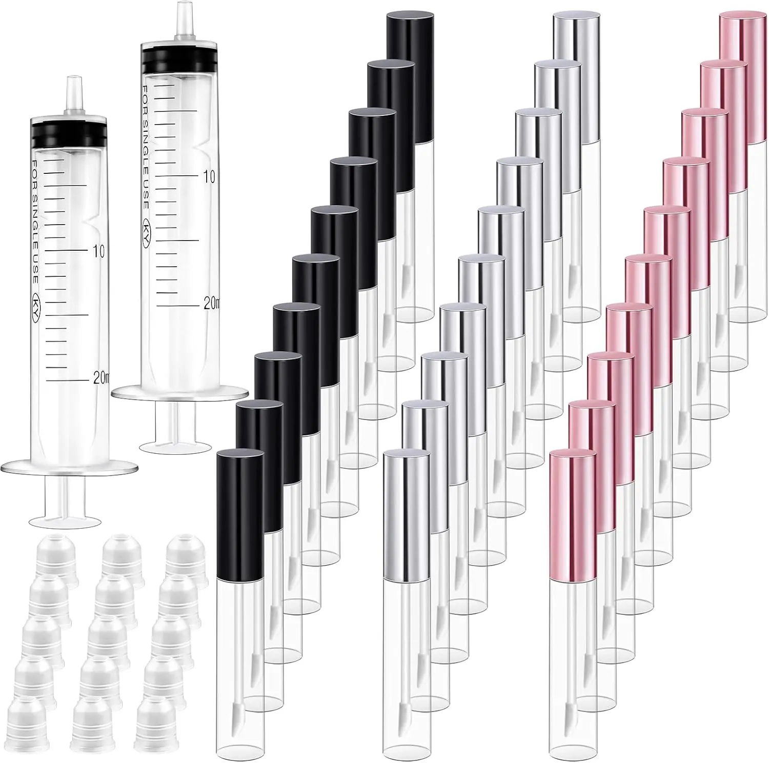 30 Pack Lip Gloss Tube, 10ml Empty Refillable Lip Balm Bottle Clear Plastic Lip Gloss Container with Rubber Stoppers for DIY Makeup, Personal , Black, Sliver and