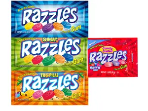 Razzles Candy/Gum 1.4 OZ Variety Flavours Fun Bag Snack Sweet Blueberry,Sour ,Tropical and Berry Chewy Fruity