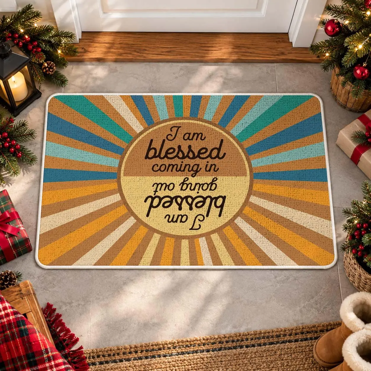 Christian Easter Sunshine Door Mat, I Am Blessed Coming in and Going Out Deuteronomy 28:6 Bible Verse Welcome Front Door Mat Indoor Outdoor Entrance, Christian Doormat Rugs for Patio Entry Decor