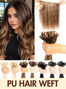 PU Hair Weft Extensions, Real Human Hair, Sew-In Style, Invisible Dual Layer Weaving, Natural Look, Easy to Apply Seamless Invisible Tape Weft Human Hair Extensions Real Natural Straight Hair for Women, 12-20 Inches, Salon Quality