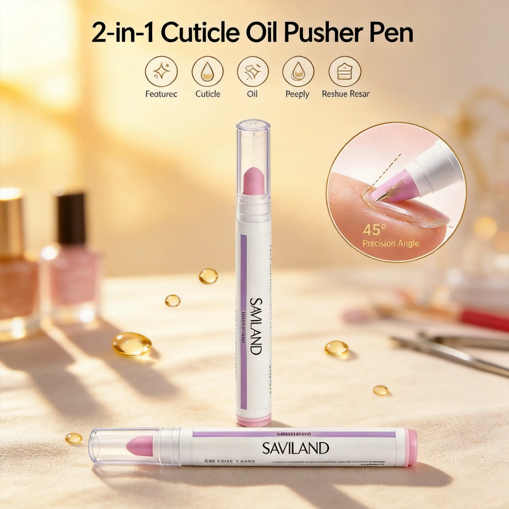 SAVILAND Cuticle Remover Pen Set: 2PCS Ceramic Cuticle Pusher & 4.5ml Cuticle Oil Pen for Nail Growth, Dry Cuticles, Hangnails, Damaged Nails Moisturizing & Strengthening Care