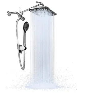 Veken 12 Inch High Pressure Rain Shower Head Combo with Extension Arm- Wide Rainfall Showerhead with 5 Handheld Water Spray - Adjustable Dual Showerhead with Anti-Clog Nozzles - Silver Chrome