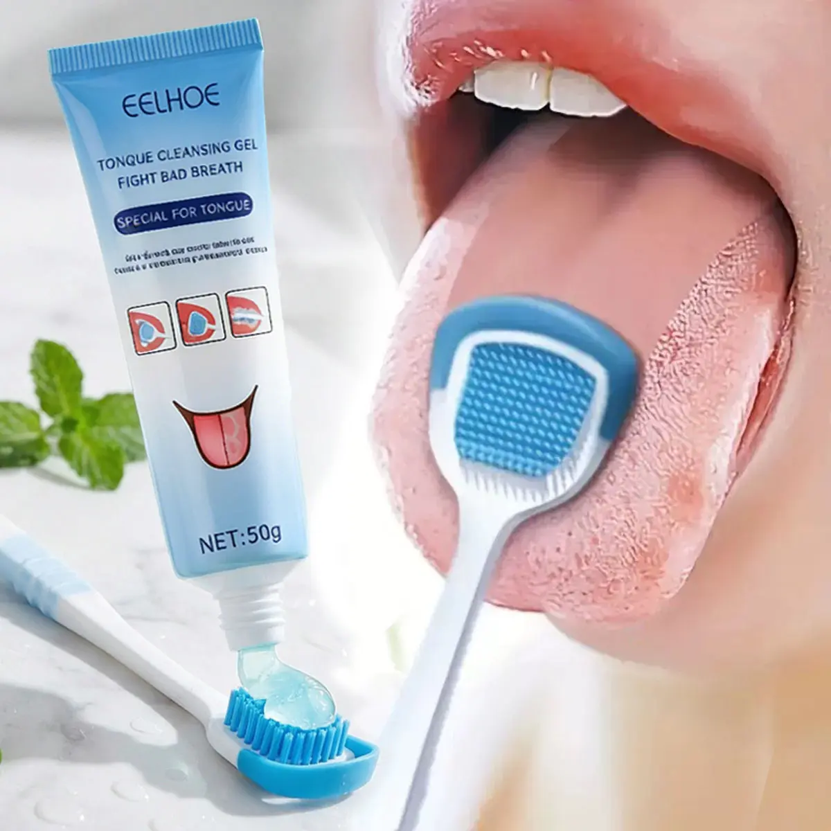 EELHOE Tongue Coating Cleansing Gel With Built-In Brush | Mint & Sorbose Formula | Deep Tongue Coating Removal | Reduces Bacterial Breeding | Long-Lasting Fresh Breath | Gentle Easy 3-Step Oral Care | Daily Mouth Hygiene Essential
