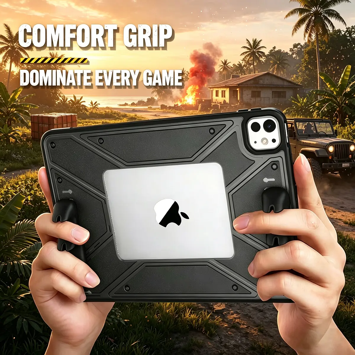 SidunRilax Silicone+TPU Scratch-Resistant Smart Tablet Protector & Cover, Detachable Handheld Grip & Panel, 35°/75° Angle Folio, Pencil Holder, Auto Sleep/Wake, Cooler-Ready Vent, PUBG-Compatible iPad Accessory