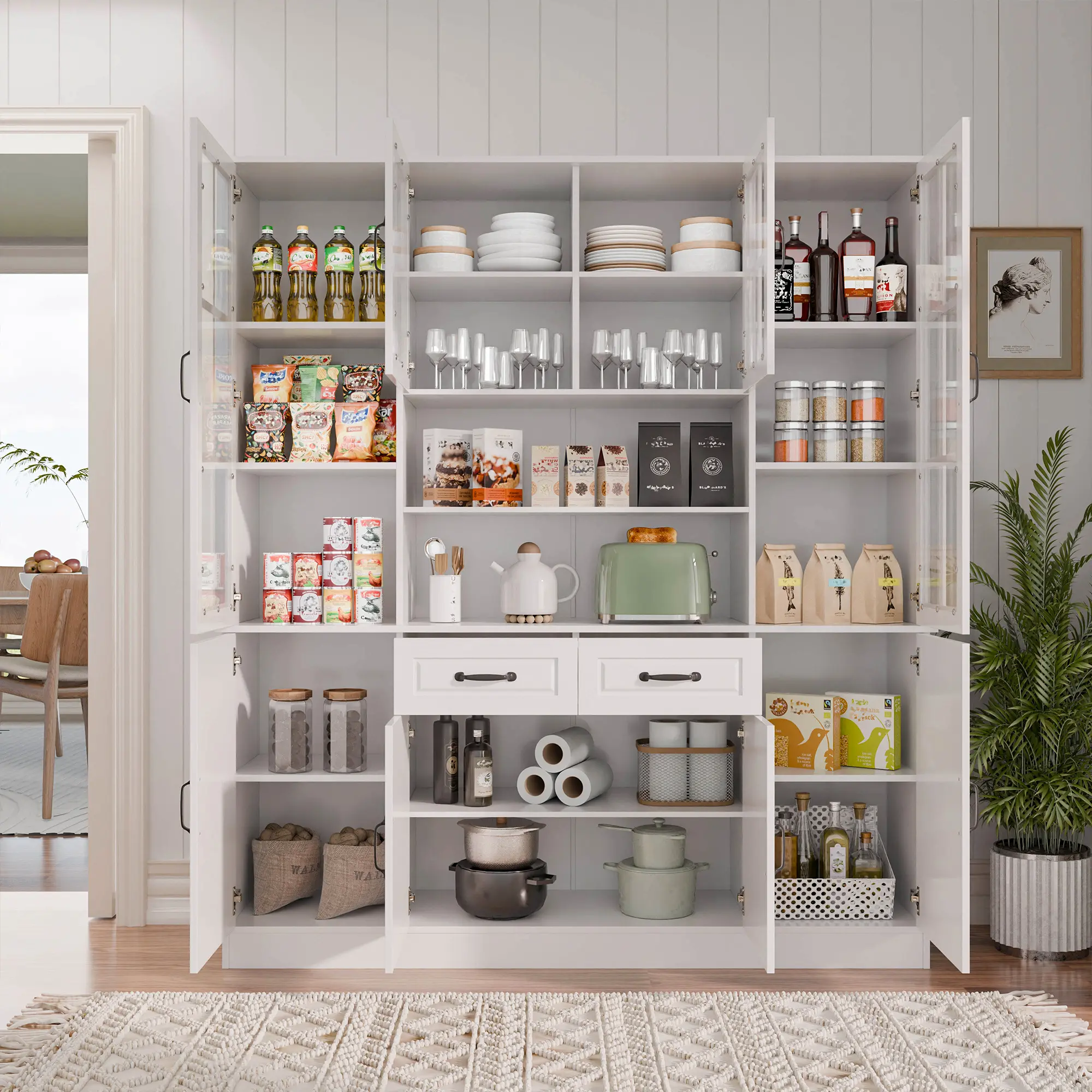 White Storage Cabinet with Glass Doors and Drawers – Tall Pantry Cupboard Organizer Kitchen Sideboard, Drawers And Cabinets, Interior Storage Furniture