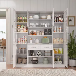 White Storage Cabinet with Glass Doors and Drawers – Tall Pantry Cupboard Organizer Kitchen Sideboard