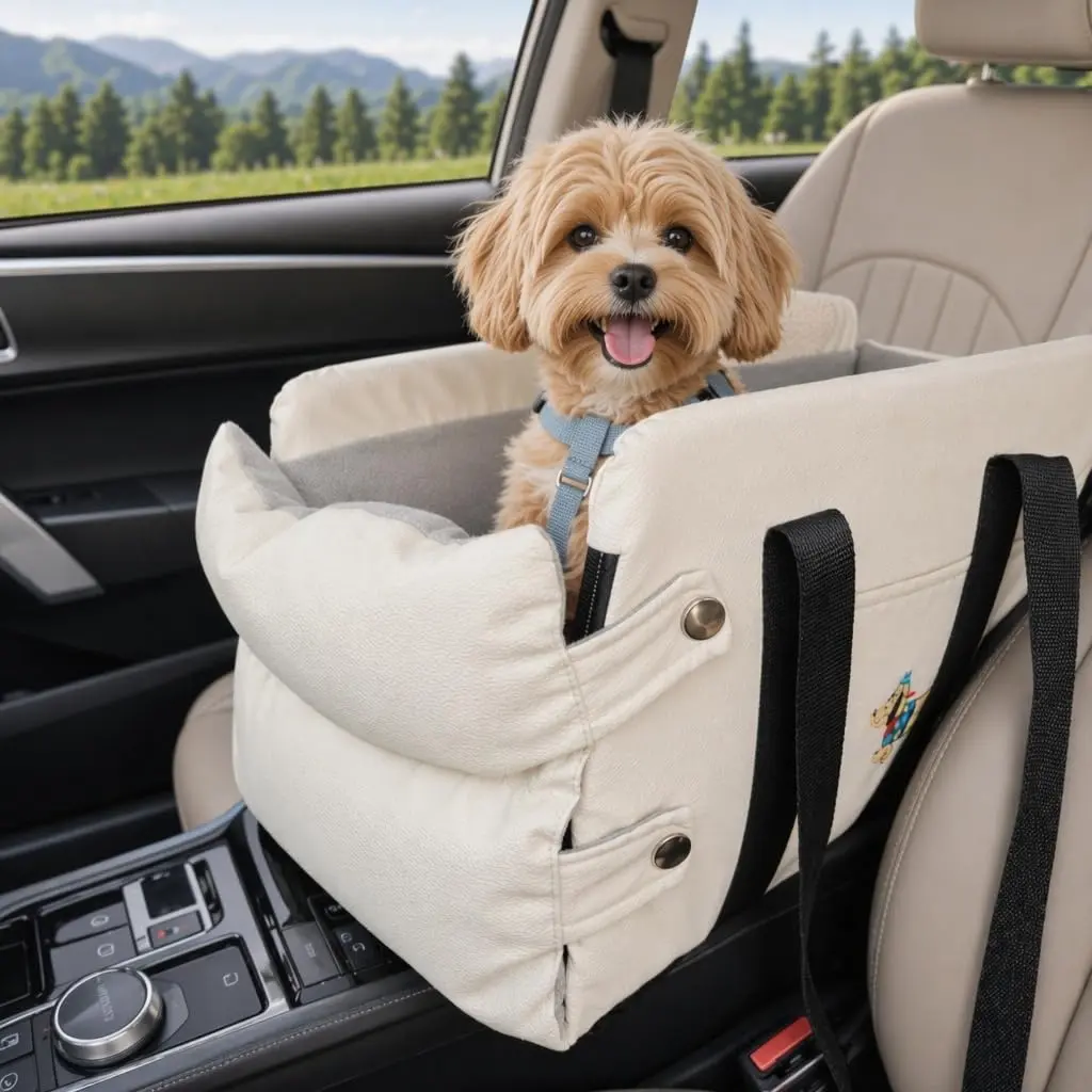 RYNVALE Center Console Dog Car Seat, Dog Armrest Booster for Small Dogs | Portable Anti-Collapse Dog Car Seat for Small Dogs & Cats, Safety Tethers, Cooling & Soft Cushion, Up to 12lbs travel carrier
