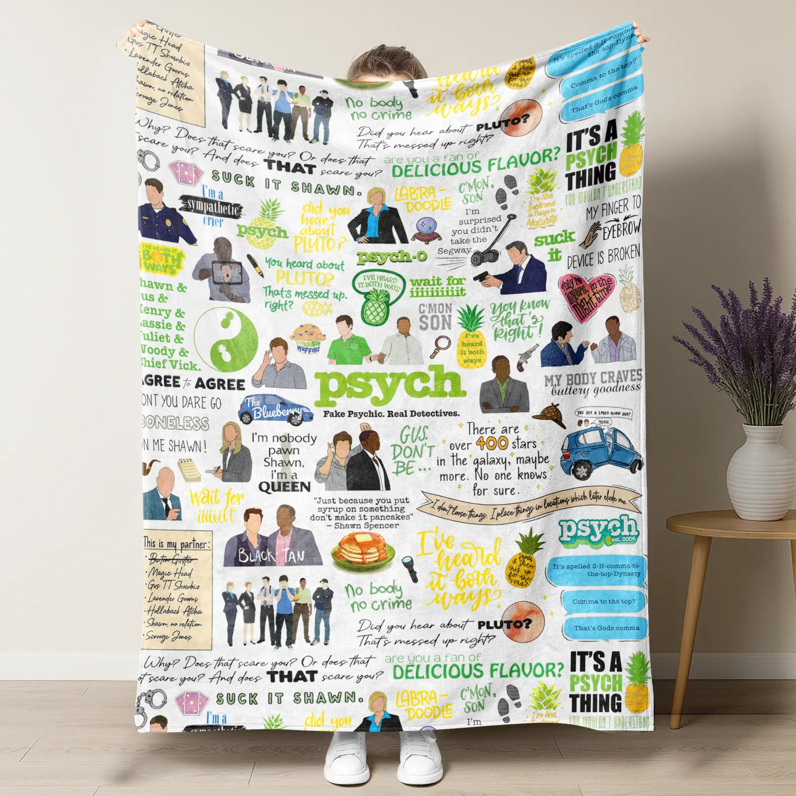 Psyyych TV Show Collage Blanket – Retro Fan Art Design Featuring Iconic Quotes, Characters & Pineapple Symbols, Perfect for Psych-Os & Detective Comedy Enthusiasts