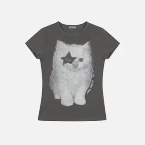Aelfric Eden Cat Airbrush Baby Tee Slim Cropped Fit Cat Airbrush Print with Star Eye Soft Cotton Fabric Y2K Cute Streetwear Women Top