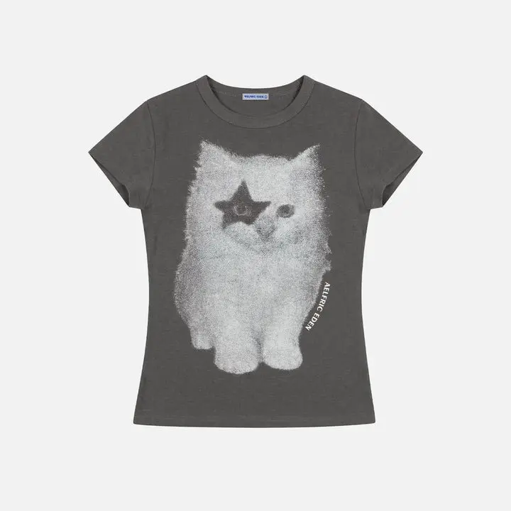 Aelfric Eden Cat Airbrush Baby Tee Slim Cropped Fit Cat Airbrush Print with Star Eye Soft Cotton Fabric Y2K Cute Streetwear Women Top