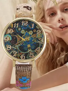Vintage Bohemian Style Quartz Watch, Zinc Alloy Case with Woven Strap, Peasely Floral Dial, Precision Movement, Ideal for Young Women