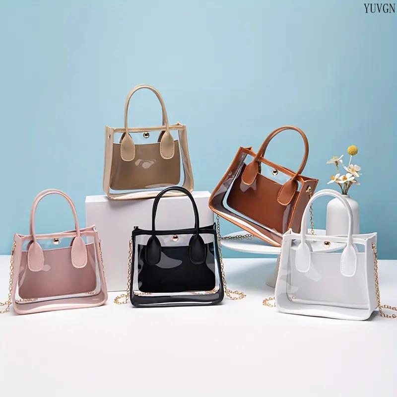 Nude Clear PVC Tote Crossbody Bag, Stadium Approved Transparent Shoulder Purse with Chain Strap, Casual Versatile Handbag for Women Travel & Daily Use