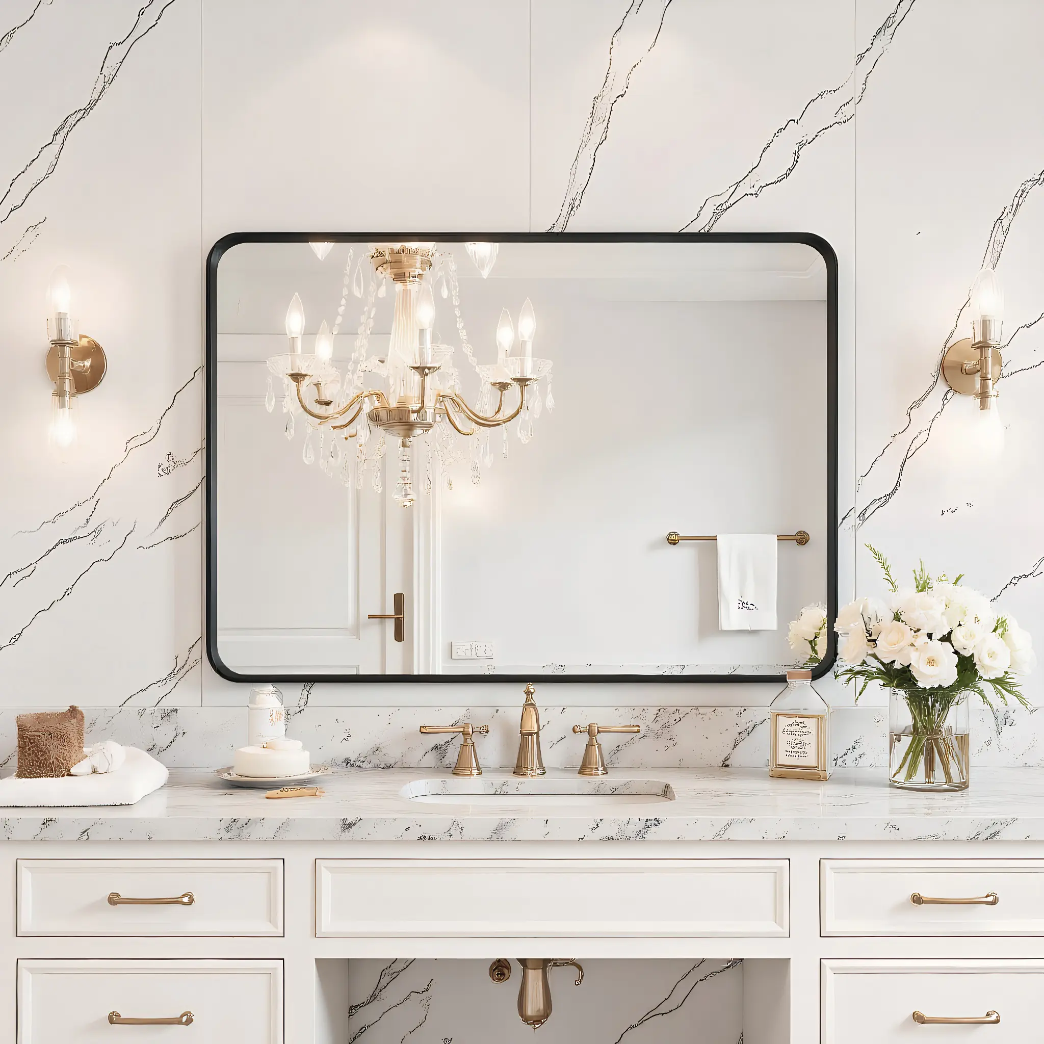 Matte Black Aluminum Frame Rounded Rectangle Modern Linear Bathroom Mirror, Anti-Rust Wall-Mounted Farmhouse Vanity Mirror, Horizontal/Vertical Hanging, for Bathroom and Bedroom Use, Modern Linear Mirror
