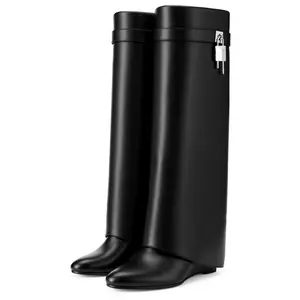 LUNETTA Women’s Knee High Wedge Boots, Fold Over Shark Boots Pointed Toe Chunky Heel Tall Boots for Fall Winter