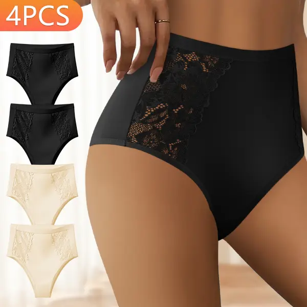 4-Pack Women’s High-Waisted Lace Panties, Smooth-Fit Stretch Full-Coverage Briefs with Floral Lace Side Panels, No-Pinch Leg Openings, Soft Skin-Friendly Everyday Underwear Fabric Womenswear