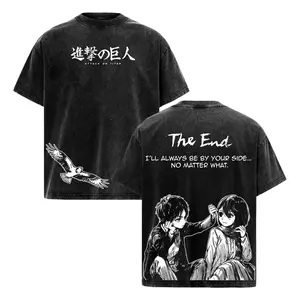Attack on Titan Final Season T-Shirt | Vintage Washed Heavy Cotton Oversized Anime Graphic Tee | Eren & Mikasa Emotional Ending Streetwear | Trendy Japanese Manga Merch for Manga Fans |  90s Graphic American Casual Short Sleeve Tee,Gym & Streetwear