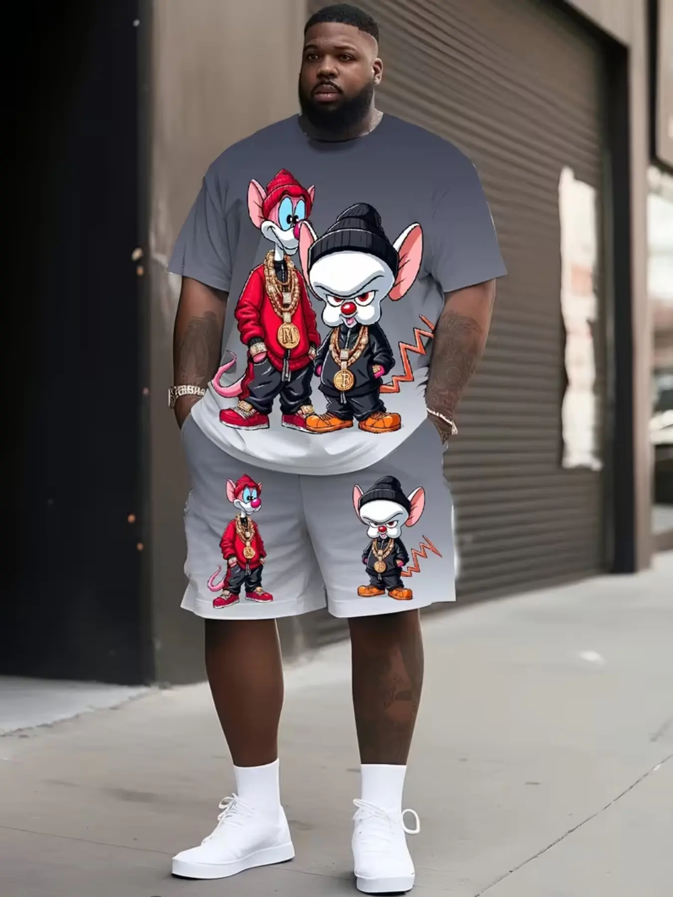 Men's Hip Hop Cartoon Print Short Sleeve Set, Gradient Design, Summer Clothing, Breathable Soft Fabric, Plus Size